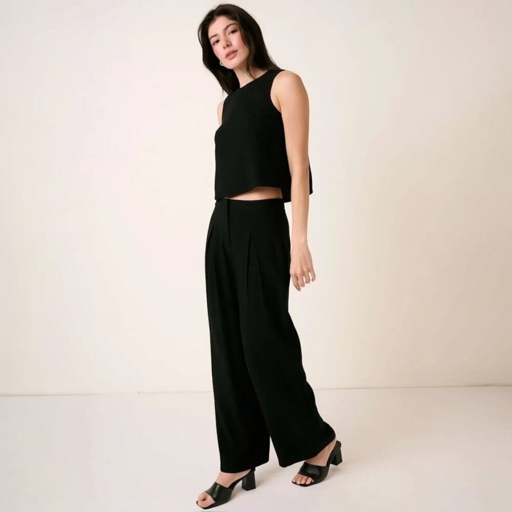 Mittoshop Black Pleated Relaxed Straight Leg Pants Linen Viscose size Large